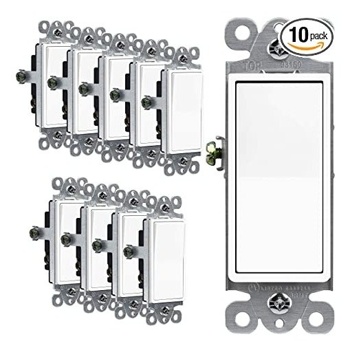 3-Way Decorator Paddle Rocker Light Switch, Single Pole or Three Way, 3 Wire, Grounding Screw, Residential Grade, 15A 120V/277V, UL Listed, 93150-W-10PCS, White (10 Pack)