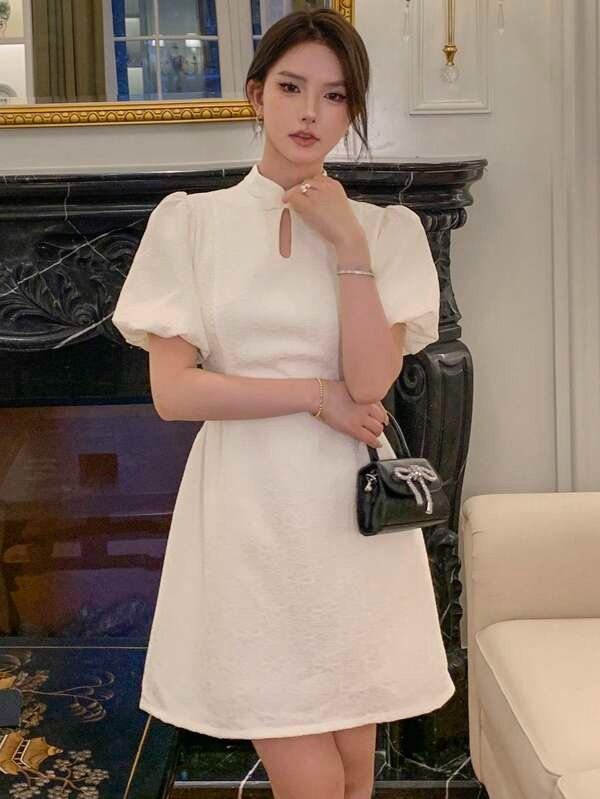 DAZY Mandarin Collar Puff Sleeve Dress