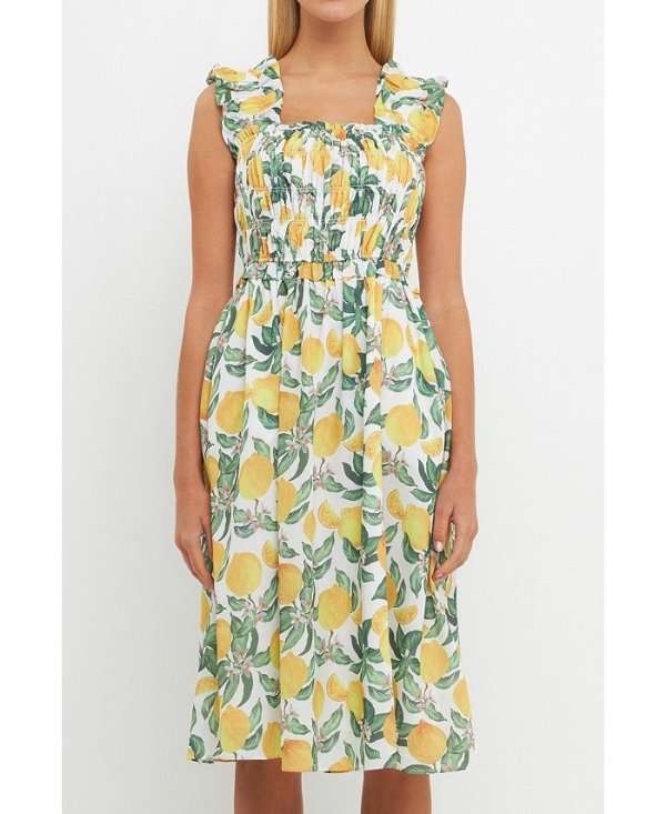 Women's Lemon Print Smocked Bodice Midi Dress