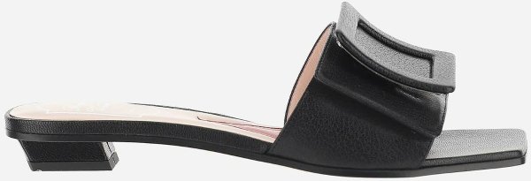 Black Leather Flat Slide Sandals