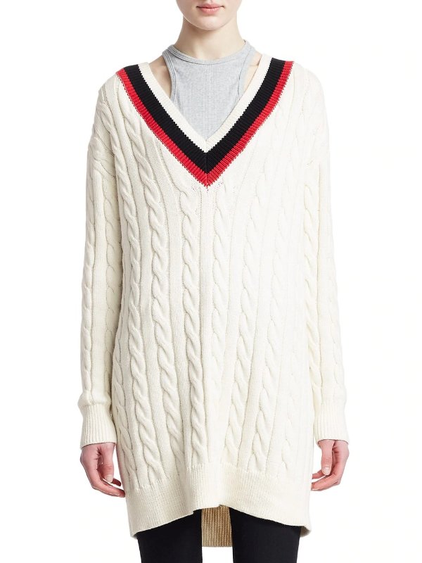 Layered Varsity Longline Cable-Knit Sweater