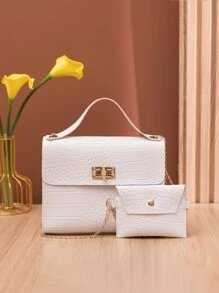 Crocodile Embossed Twist Lock Square Bag With Small Pouch