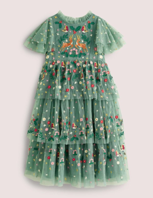 Tulle Embroidered Party Dress - Csarite Green Festive | Boden US