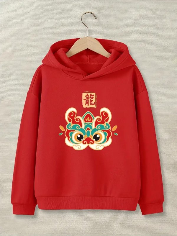 Boys/Girls Chinese Dragon New Year Print Hoodies, Comfy Long Sleeve Fleece Warm Sweater Tops For Holiday Outdoor