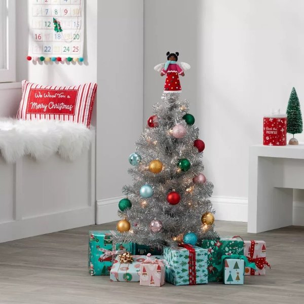 3' Pre-Lit Silver Tinsel Mini Artificial Christmas Tree Clear Lights - Wondershop™
