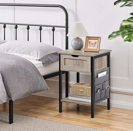 Nightstand with Storage Drawer and Shelf, Bedside Table with Removable Bag, Wooden Bedside Cupboard Sofa Side Table with Steel Legs for Bedroom/Small Space, Gray