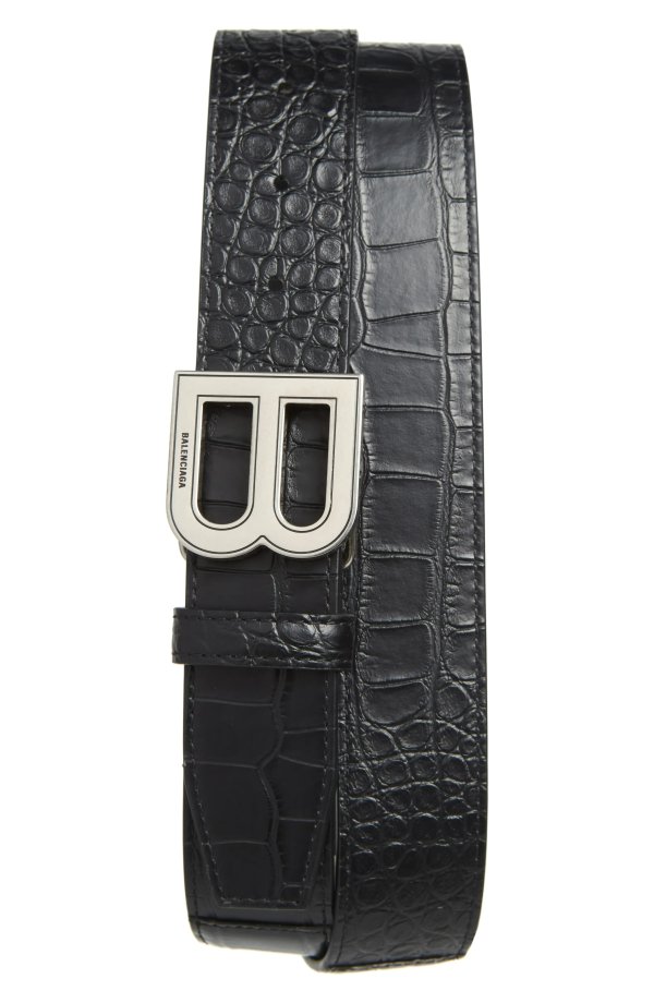 Hourglass Logo Buckle Croc Embossed Leather Belt