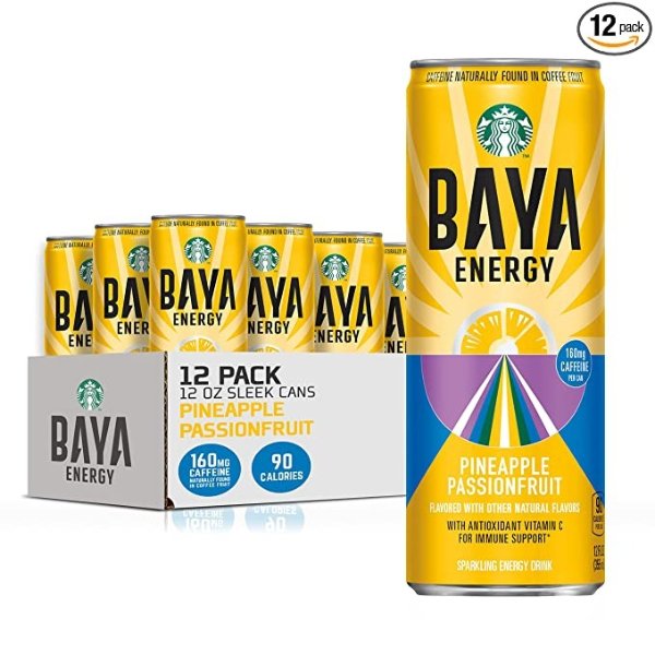 RTD Energy Drink, BAYA, Pineapple Passionfruit, 200mg Caffeine naturally found in coffeeberry, 12oz Sleek Cans (12 Pack)