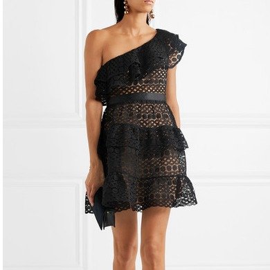 One-shoulder tiered guipure lace mini dress