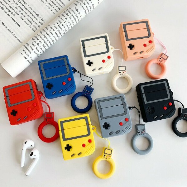 Game Boy Shape for AirPods Case, 3D Cartoon Soft Silicone Protective Mini Bag Cute Retro Creative case for Airpods 1 & 2 Stand Cover with Finger Loop (Yellow)