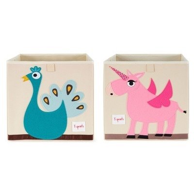 3 Sprouts Children's Large 13 Inch Foldable Fabric Storage Cube Box Blue Peacock Toy Bin with Pink Unicorn Toy Bin