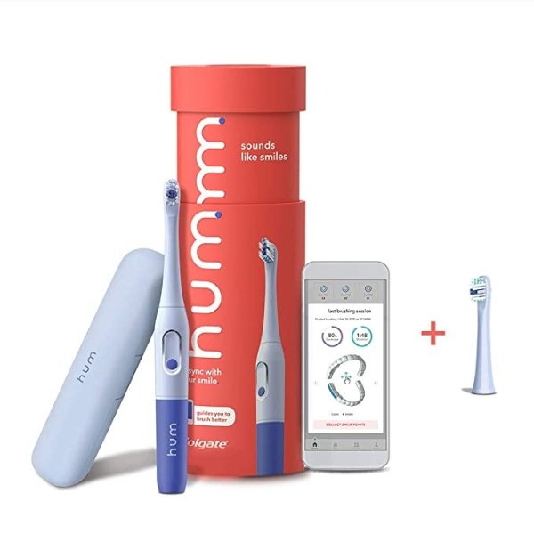 hum by Colgate Smart Battery Toothbrush Kit, Sonic Toothbrush with Travel Case and Replacement Head, Blue