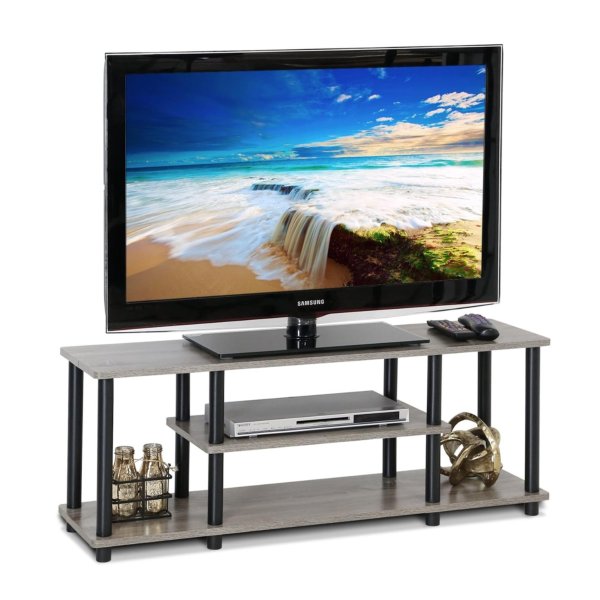 Turn-N-Tube No Tools 3D 3-Tier Entertainment TV Stand up to 50 inch TV, Round Tubes, French Oak Grey/Black