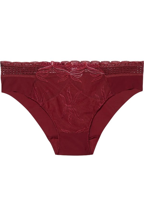 Lace-trimmed embroidered tulle and jersey low-rise briefs