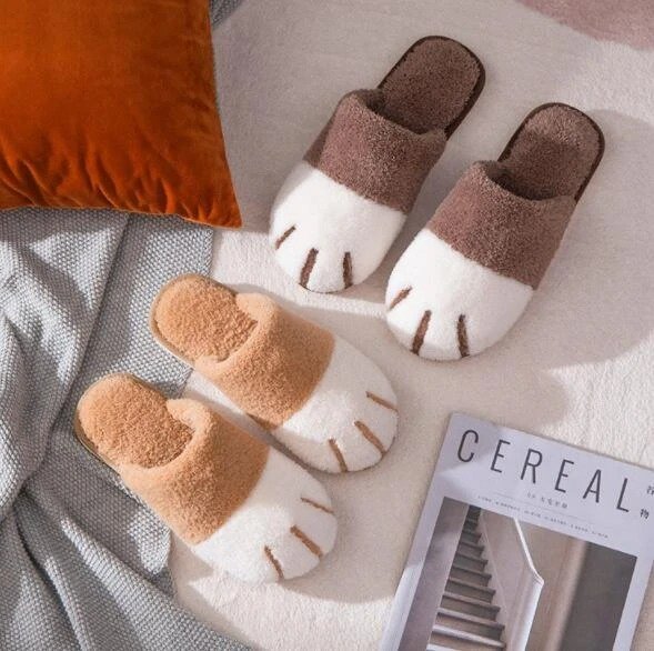 Winter Home Cartoon Cute Cat Paw Plush Warm Indoor Soft Soled Slippers