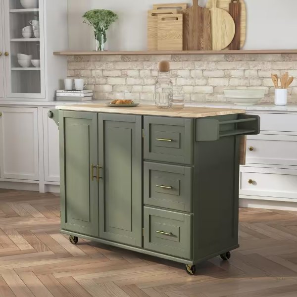 Dolly Madison Sage Green Kitchen Cart with Natural Wood Top