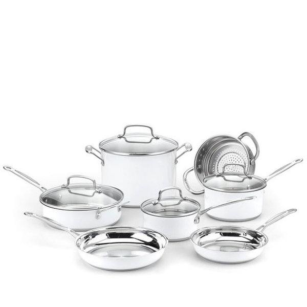 11-Piece Chef's Classic Cookware Set, Stainless Steel & White - 100% Exclusive