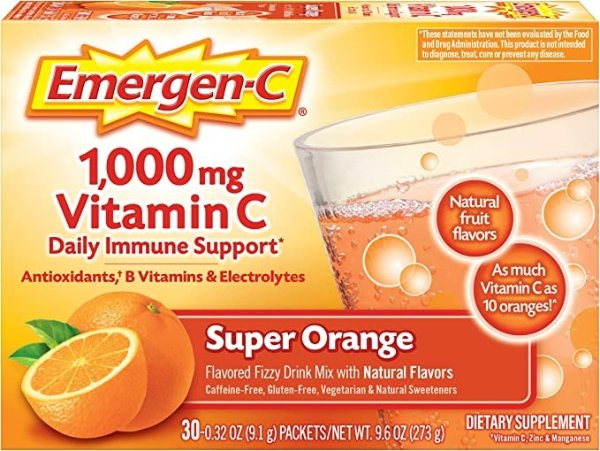 -C 1000mg Vitamin C Powder for Daily Immune Support Caffeine Free Vitamin C Supplements with Zinc and Manganese, B Vitamins and Electrolytes, Super Orange Flavor - 30 Count