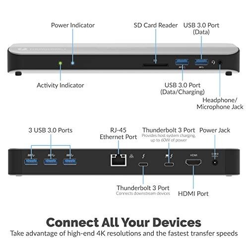 Thunderbolt 3 Docking Station with Power Delivery up to 60W Charging for Windows/MacOS Devices - Dual-4K Display (DS-TH3C)