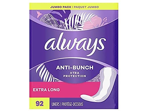 Anti-Bunch Xtra Protection, Panty Liners For Women, Light Absorbency, Extra Long Length, Leakguard + Rapiddry, Unsented, 92 Count