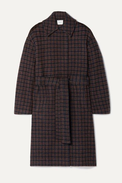 Belted checked wool-blend coat