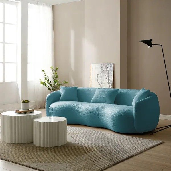 93.6" Fabric Velvet Upholstered Curved Sofa With Pillows - White - Blue