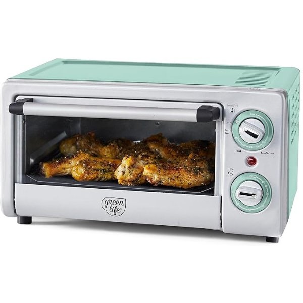 Countertop Stainless Steel Toaster Oven Air Fryer, PFAS-Free, Ceramic Nonstick Tray Rack and Airfry Basket, Dual Heating, 4 Slice Capacity, Adjustable Temperature and Time Control, Turquoise