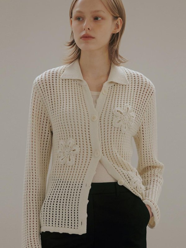 Cotton Crochet Knit Jacket - Ecru
