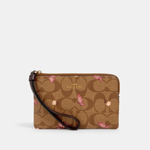 Corner Zip Wristlet in Signature Canvas With Butterfly Print