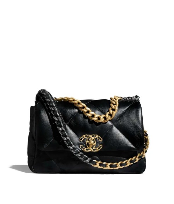 19 handbag, Shiny lambskin, gold-tone, silver-tone & ruthenium-finish metal, black — Fashion |