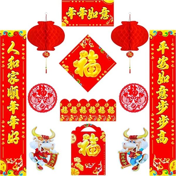 CZS 17 PCS Chinese Couplets Set, 2021 Chinese New Year Spring Festival Decoration Set, Include Chunlian, Fu Character Ornament, Fu Window Decals, Ox Year Door Sticker, Red Lantern, Red Envelopes