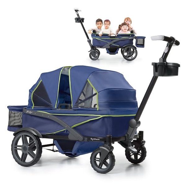 Gladly Family Anthem4 Quad All-Terrain Wagon Stroller with Easy Push and Pull, Removable XL Canopies, and Sturdy, Safe Folding for Storage and Transport, Neon Indigo