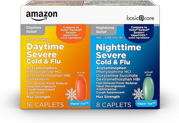 Amazon Basic Care Vapor Ice Daytime and Nighttime Severe Cold and Flu, Coated Caplets, Combo Pack, 24 Count