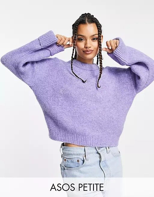 DESIGN Petite premium sweater with turn back cuff in wool blend yarn in lilac