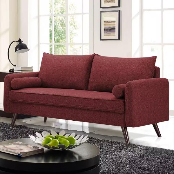 Ellie 61.4 in. Burgundy Stationary 3-Seater Curved Arm Sofa with Hairpin Legs Pocket Coils