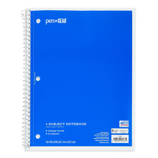 College Rule 1-Subject Notebook, 10.5" x 8", Green, 70 Sheets