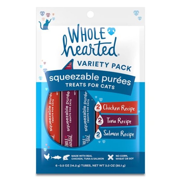Whole Hearted Squeezable Puree Cat Treat Variety Pack, 0.5 oz., Count of 6 | Petco