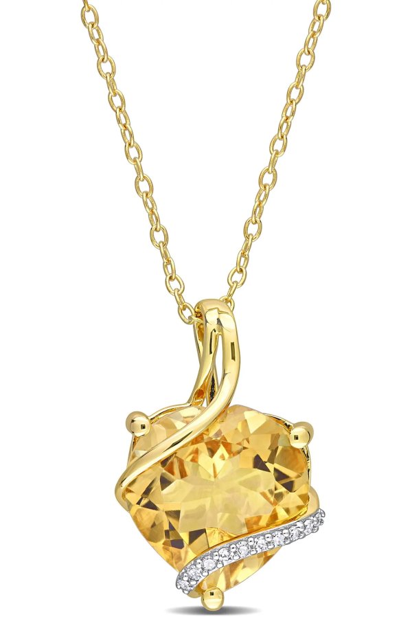 Sterling Silver Citrine Diamond Necklace - 0.05 ctw