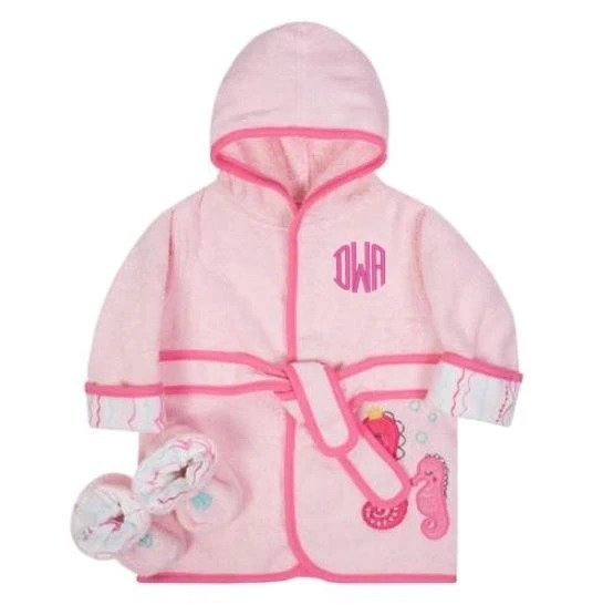 Embroidered 2-Piece Baby Girls Seahorse Woven Terry Robe and Booties