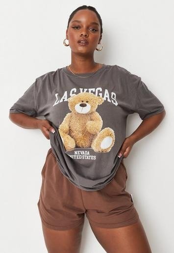 - Plus Size Charcoal Oversized Bear Graphic T Shirt