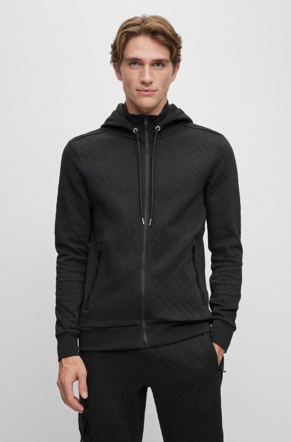 Cotton zip-up hoodie with monogram jacquard