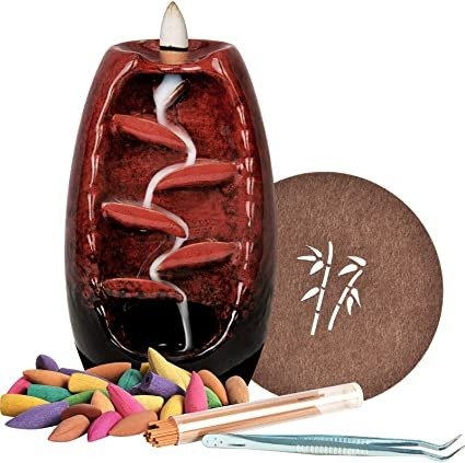 Backflow Incense Burner, Ceramic Waterfall Smoke Incense Holder with 120 Upgraded Incense Cones+30 Incense Sticks+1 Tweezer+1 Mat, for Aromatherapy Meditation Home Decorations, Red