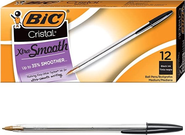 Cristal Xtra Smooth Black Ballpoint Pens, Medium Point (1.0mm), 12-Count Pack, Extra Smooth and Reliable Ballpoint Pens