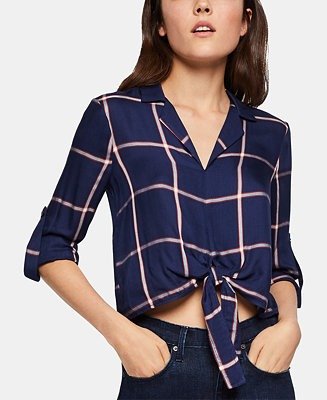 Check-Print Tie-Front Rolled-Sleeve Blouse & Reviews -- Women - Macy's