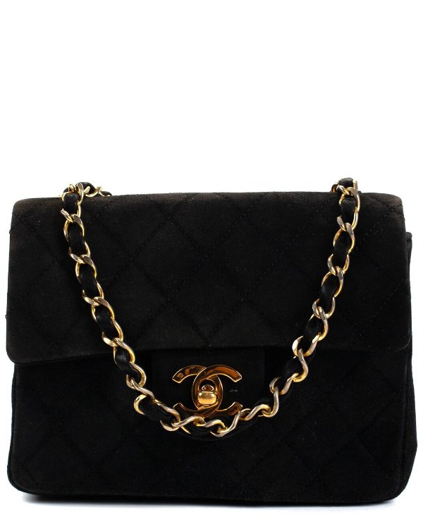Black Quilted Suede Classic Mini Square Single Flap Bag (Authentic Pre- Owned) / Gilt