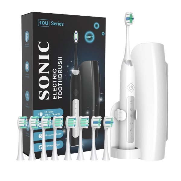 Sonic Electric Toothbrushes for Adults - Rechargeable Electric Toothbrush with Travel Case, 8 Brush Heads and a Holder, Power Whitening Toothbrush Fast Charge for 90 Days Use (White)