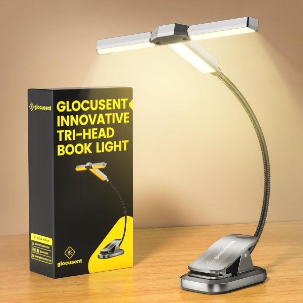 Glocusent Tri-Head Book Light for Reading at Night