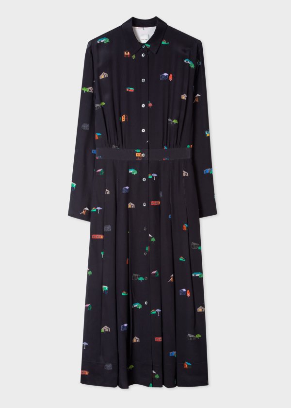 Women's Dark Navy 'House' Print Silk Shirt Dress
