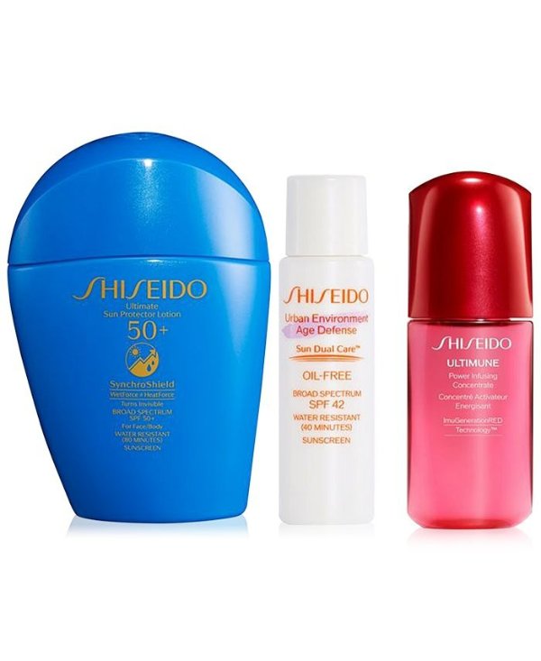 3pc Suncare Set - Only $25 with any Beauty Purchase. A $58 Value! Vital Perfection Uplifting & Firming Cream Enriched, 1.7-oz. Ultimune Power Infusing Concentrate, 1 oz., First At Macy's Benefiance Wrinkle Smoothing Eye Cream, 0.51-oz. Urban Environment Oil-Free Sunscreen SPF 42, 1.6 oz.
