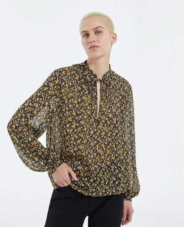 Floral black and yellow top in knotted lurex